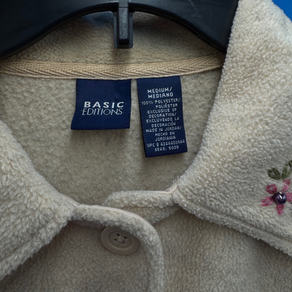 Basic Editions Womens Beige Fleece Button Front Embroidered Jacket Size Medium - Picture 3 of 6